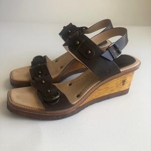 Frye Square Toe Leather and Wood Heel Wedge Sandals - Women's size 9M